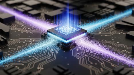 a close-up view of a quantum chip with radiating energy skewed in colorful waves from the central processing unit on a complex circuit board