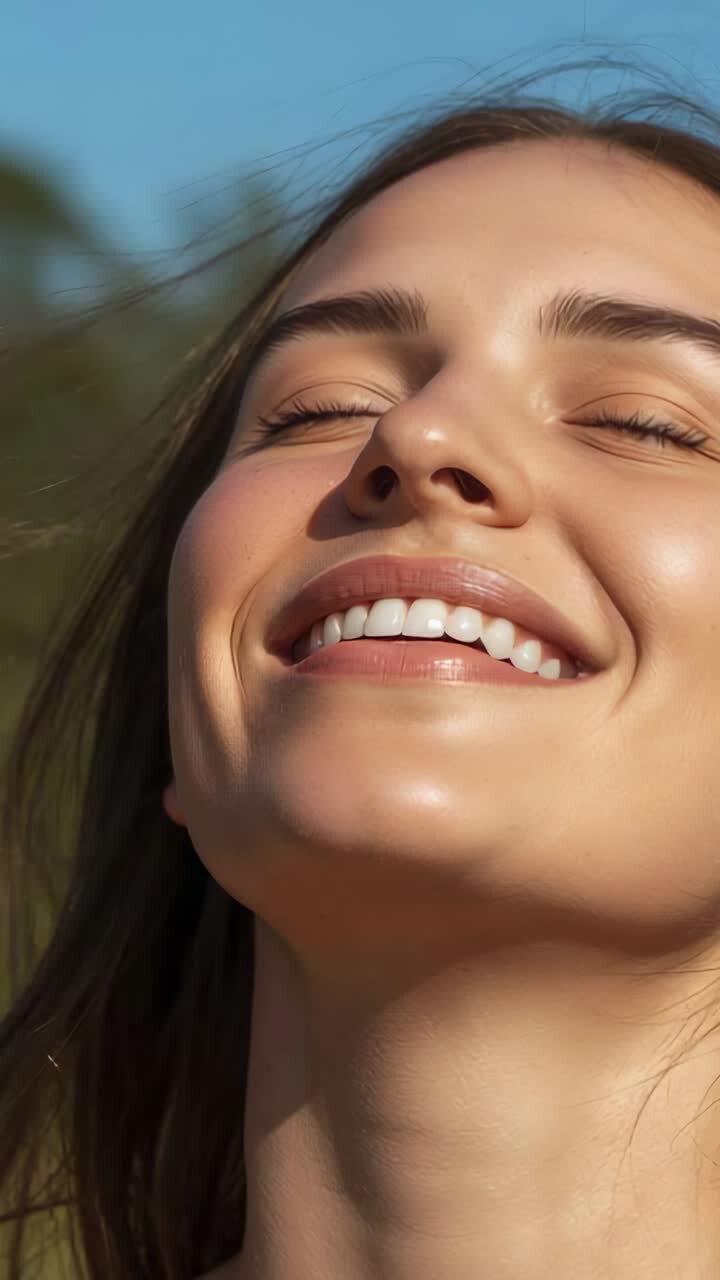 Vertical video: Smiling woman tilting and opening eyes, gazing at camera in park, sun and trees