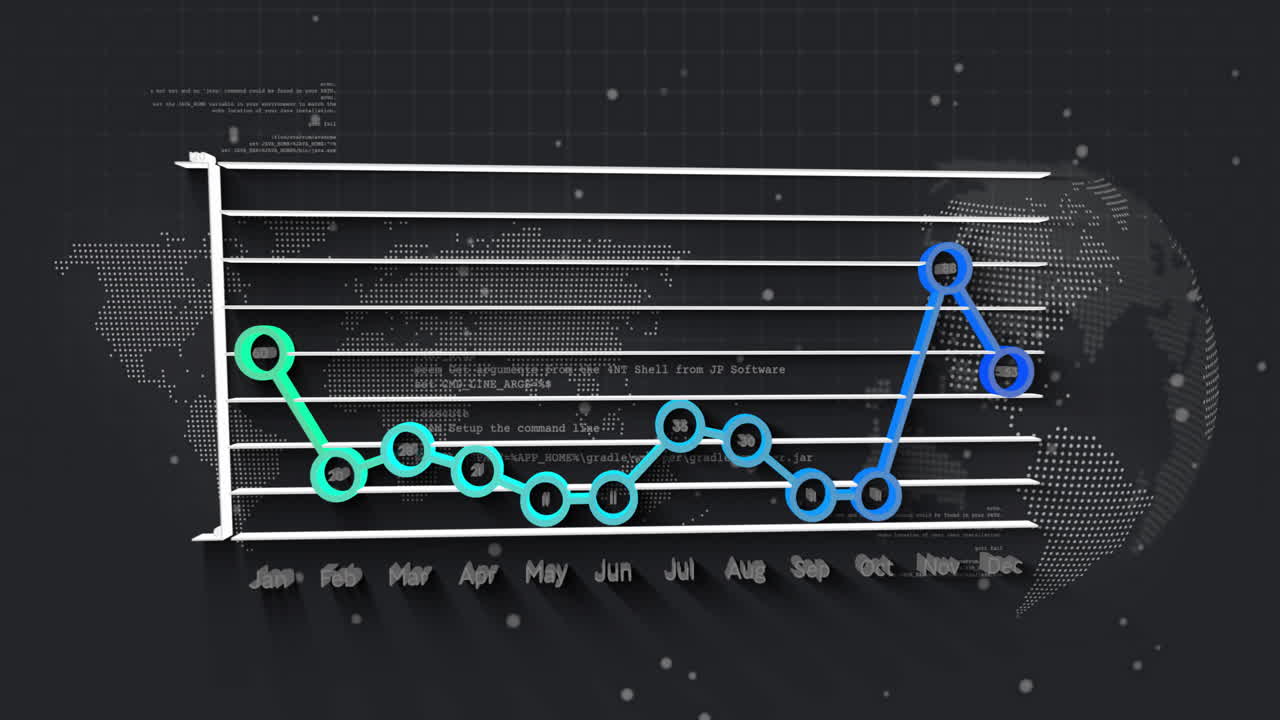 Stylized line chart floating over dark pixelated world map, showing teal and blue trend lines