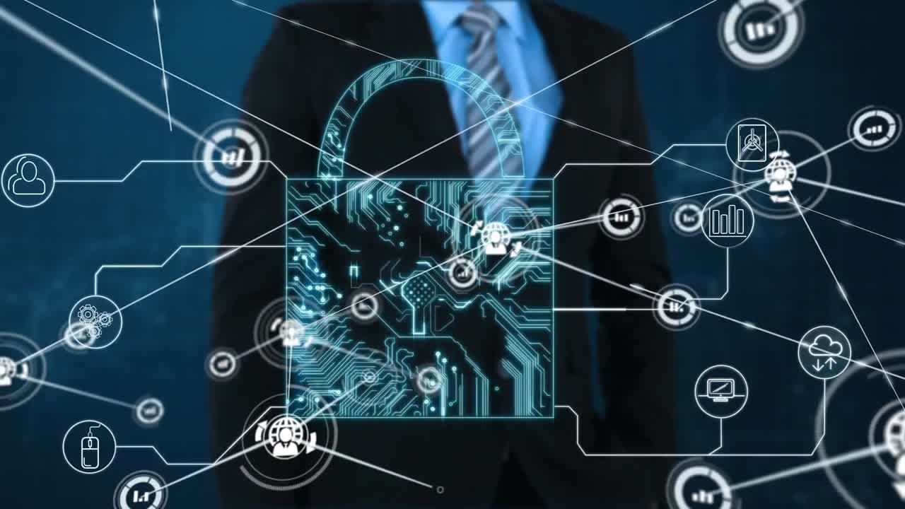 온라인 보안  ⁇ 락과 사업가에 대한 아이콘으로 연결 네트워크의 애니메이션