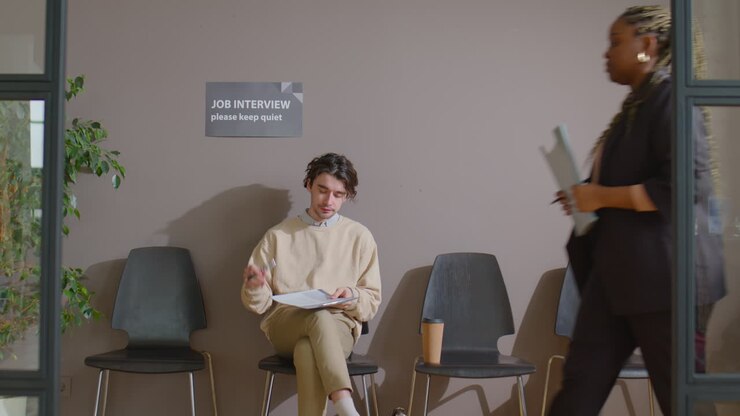 Young Man Drinking Coffee while Waiting for Job Interview