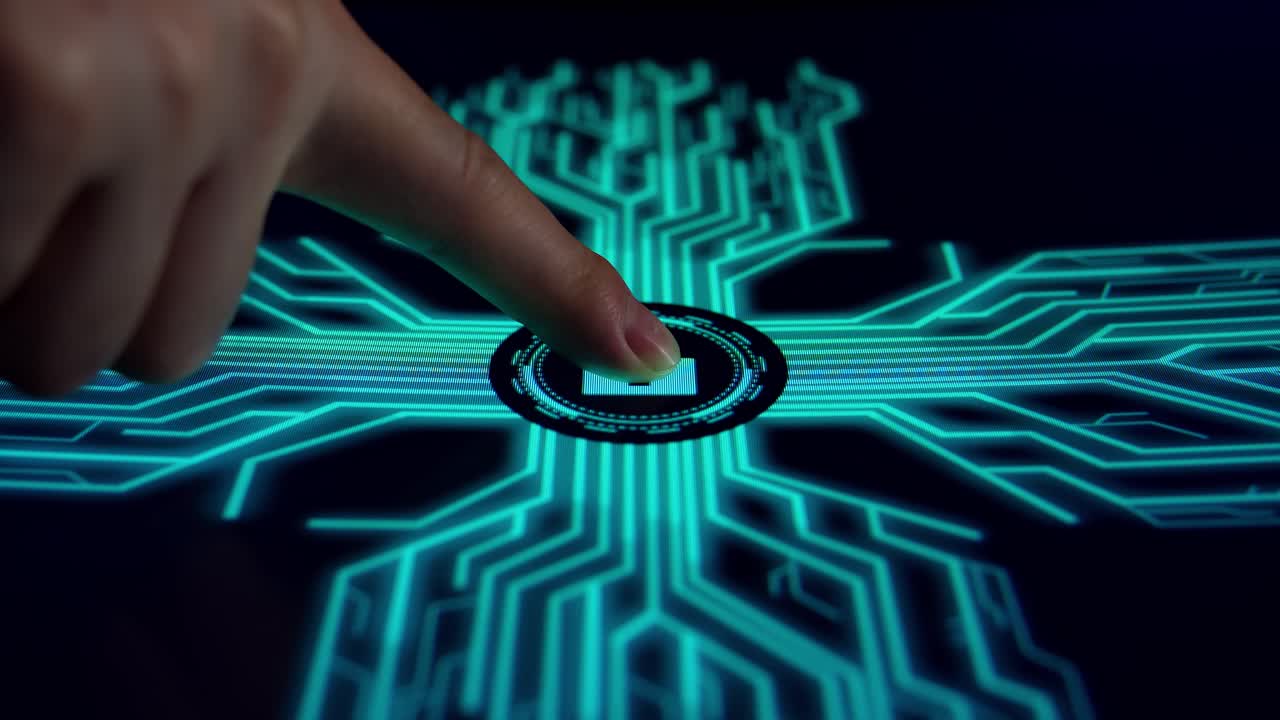 Side View, Human Finger Pushes Touch Digital Lock Key With Futuristic Artificial Intelligence Spreading Through Internet. Visualization Of Machine Learning, Computer Technology, Neural Network