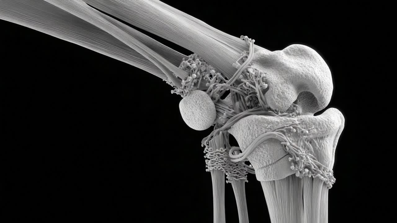Detailed Anatomical Study of the Human Knee Joint Showcasing Structural Elements and Muscular Connections in High-Resolution Imaging Technique