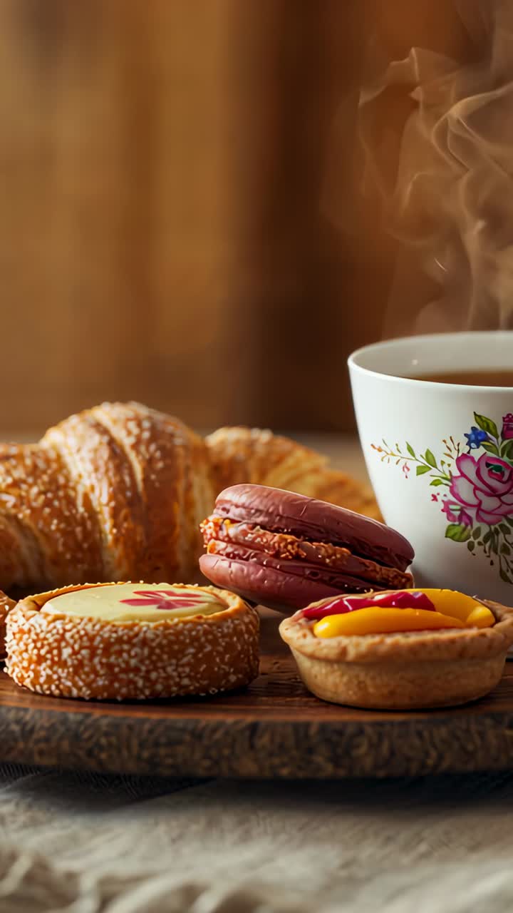 Vertical video: Rising steam from hot tea showing white rose teacup on cafe table with pastries
