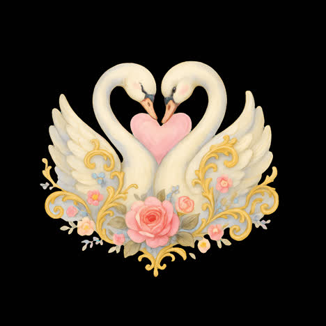 elegant swans with floral heart animation isolated asset, transparent 4k video, alpha channel