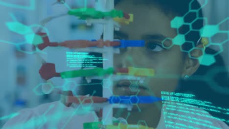 Chemical structures and data processing against girl touching dna structure model at laboratory