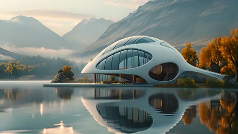 futuristic house on a serene lake in a mountainous landscape