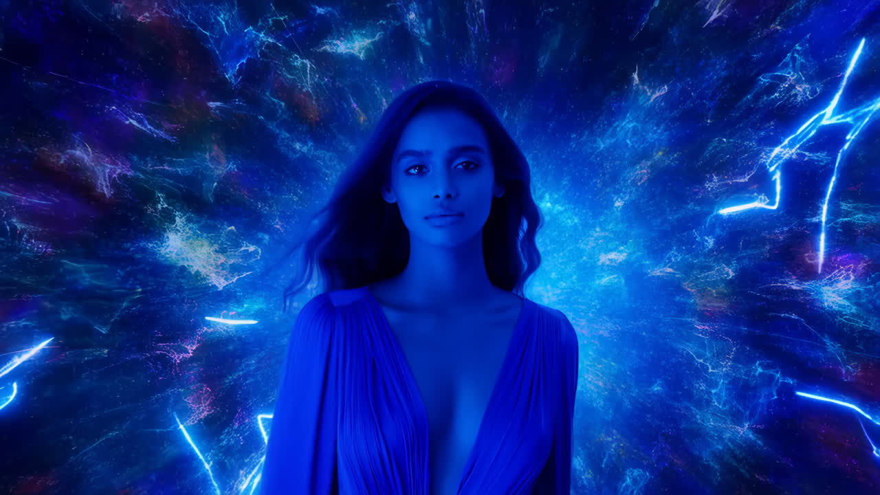 Ethereal Portrait of a Woman in Blue with Cosmic Energy Background