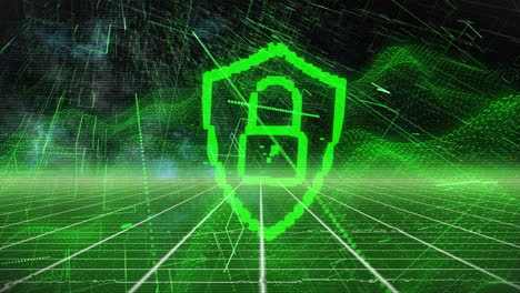 digital animation of green shield with lock over data lines and grid background