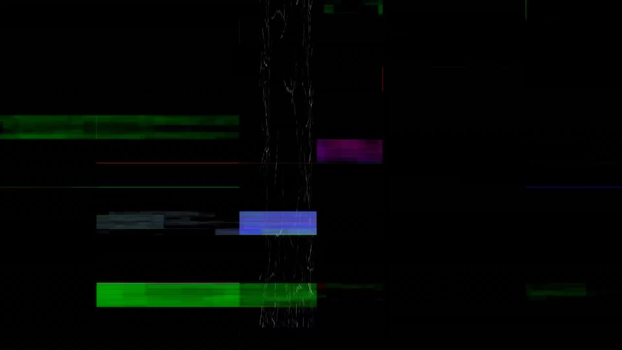 Animation of colourful visual distortion and interference on black background