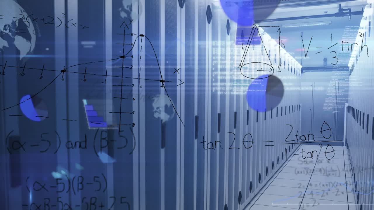 빈 컴퓨터 서버 방에 대한 수학 방정식의 애니메이션과 데이터 처리