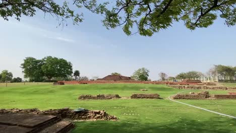 Cinematic-shot-of-NALANDA-Buddhism-University,-in-Bihar-state-of-India