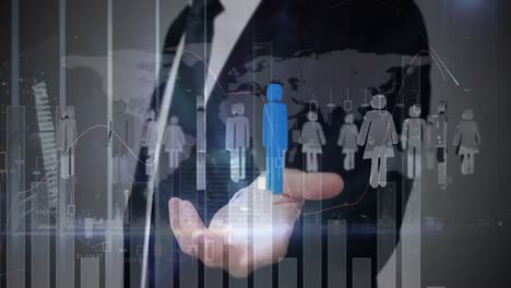 animación de un hombre de negocios con iconos de personas y procesamiento de datos