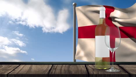 animación de una botella de vino blanco, un vaso y la bandera de inglaterra ondeando sobre el fondo con nubes