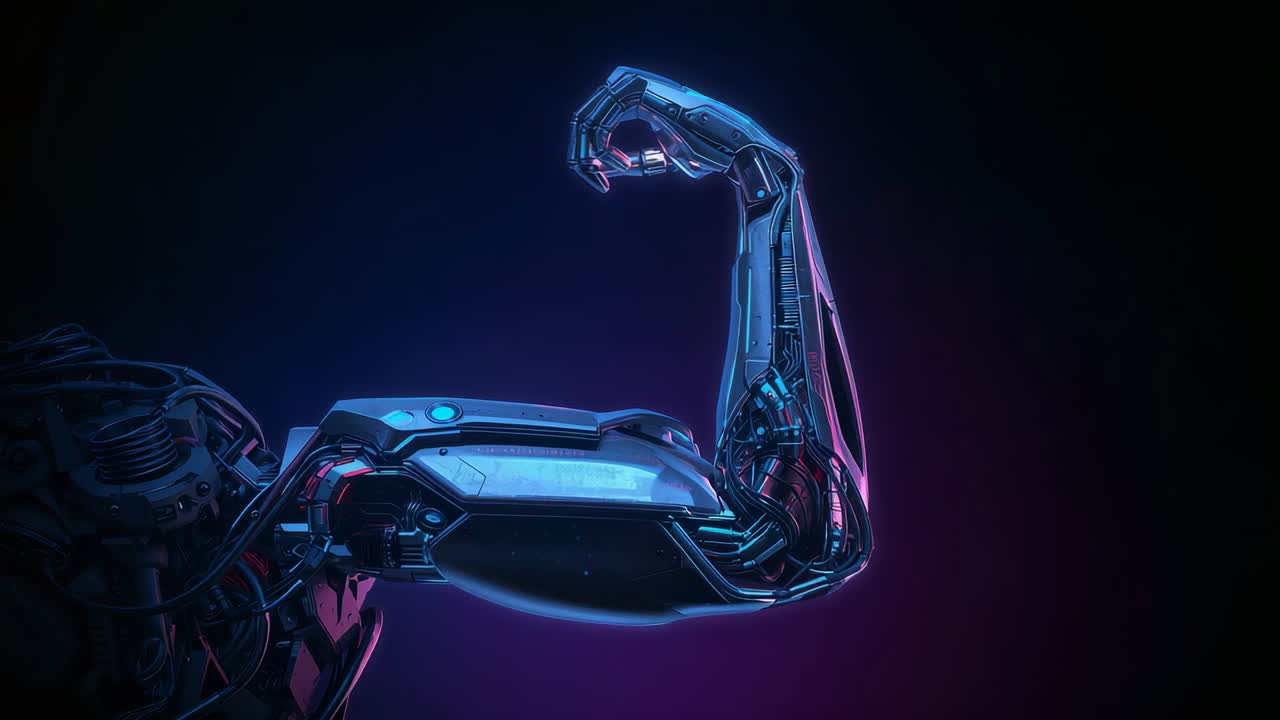 Displaying robotic right arm starting bent at elbow and shifting in studio showing servos LEDs