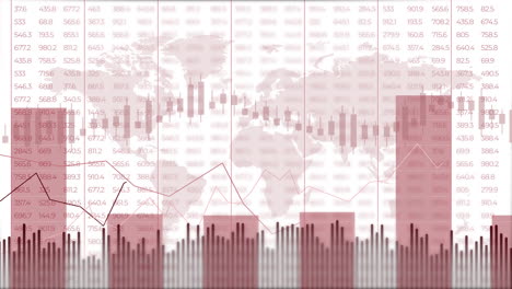 blurred background for business presentation with world map. red animation of graphs and charts with variable numbers. looped motion graphics.