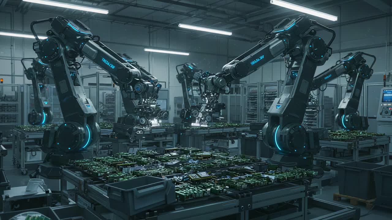 A High-Tech Manufacturing Facility Showcasing Advanced Robotic Arms Engaged in Precision Assembly of Electronic Components with an Emphasis on Automation and Innovation