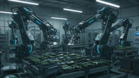 a high-tech manufacturing facility showcasing advanced robotic arms engaged in precision assembly of electronic components with an emphasis on automation and innovation