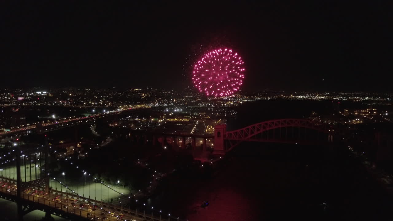 Aerial footage from the Astoria Park in Queens, NY for the Firework show 2017 that happens every year before the independence day of USA 4th of July.