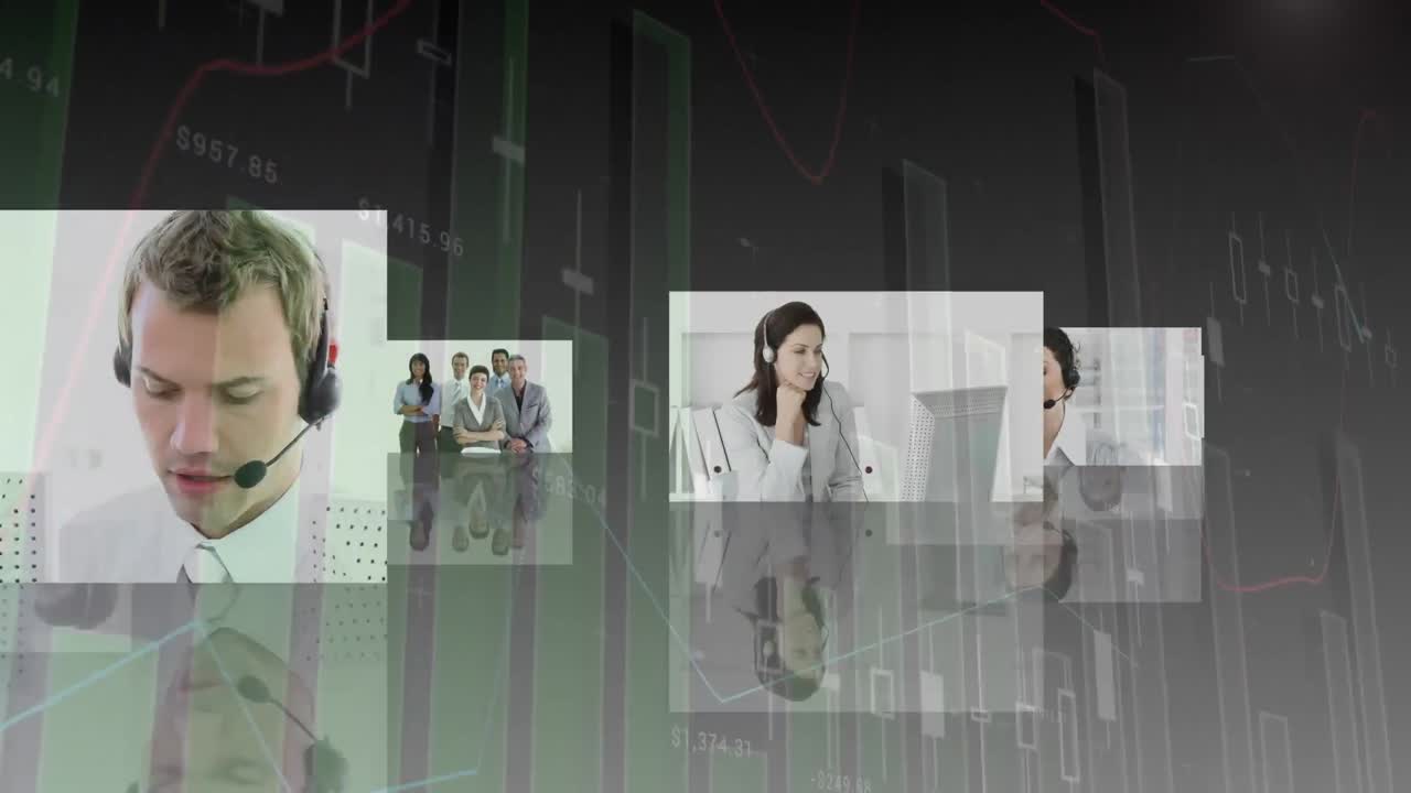 휴대폰 헤드 ⁇ 을 착용한 사업가들에 대한 통계 및 데이터 처리 애니메이션