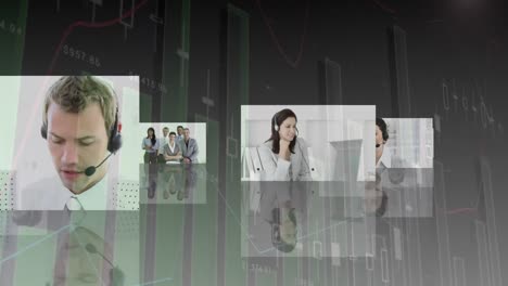 animación de estadísticas y procesamiento de datos sobre personas de negocios que usan auriculares telefónicos