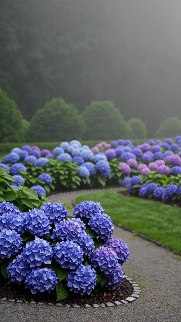 Misty Garden Path Winding Through Vibrant Blue and Purple Hydrangeas