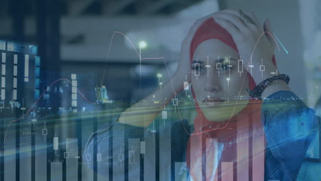 animation of financial data processing over woman in hijab