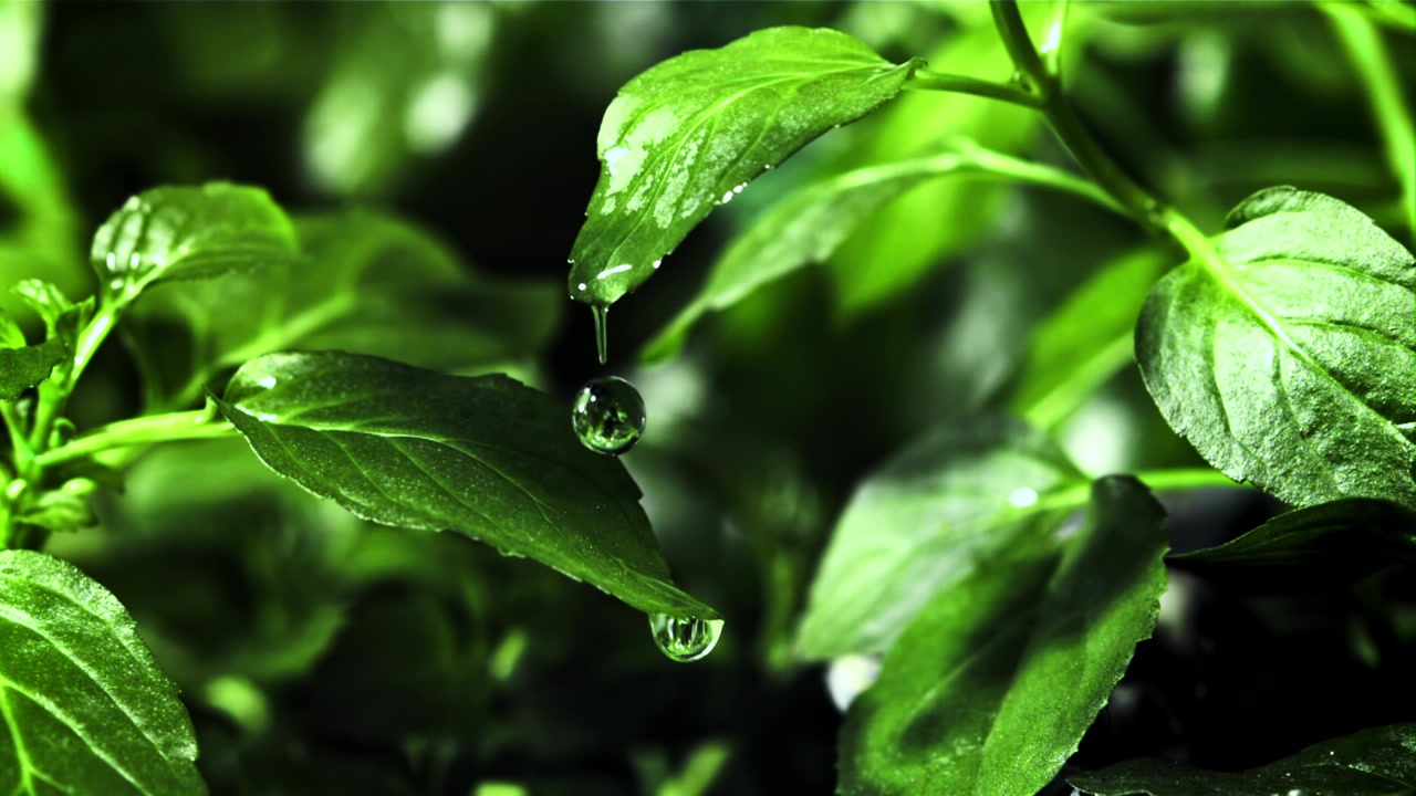 Goccioline d'acqua al rallentatore che cadono su foglie verdi fresche