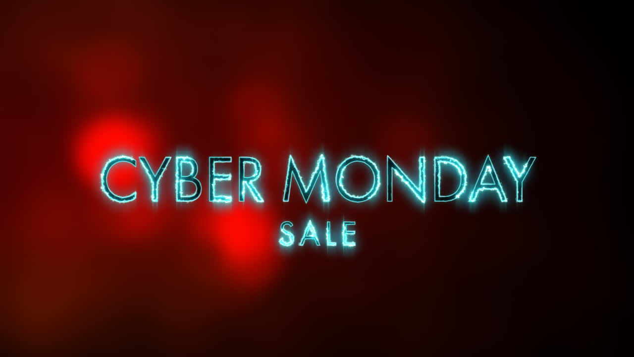 Cyber Monday Sale text animation with glowing blue letters over red background