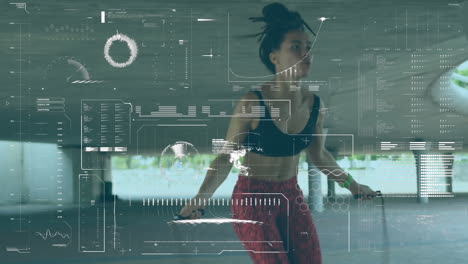 interfaz digital con procesamiento de datos contra la mujer saltando en la cuerda de saltar