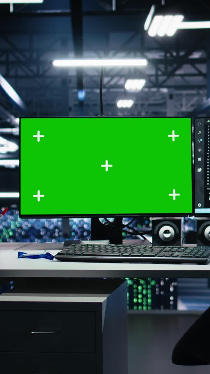 Arbejdsstationer til udvikling af vertikal video AI i datacenter med green screen-skærme