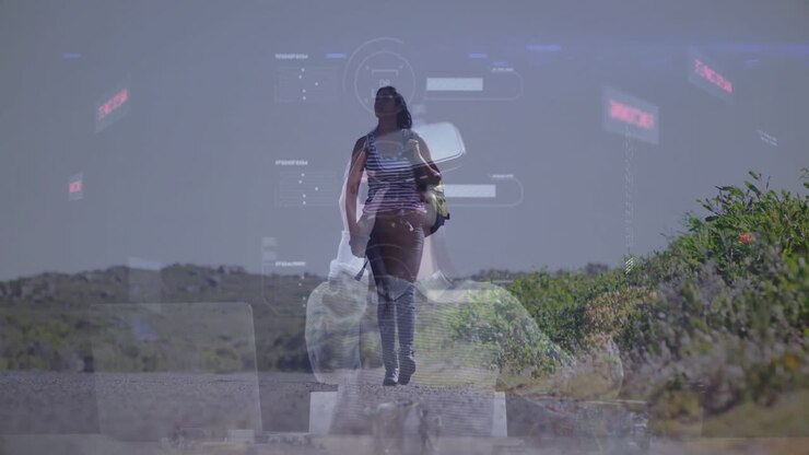 Mulher caminhando em estrada rural com sobreposição de animação de interface digital
