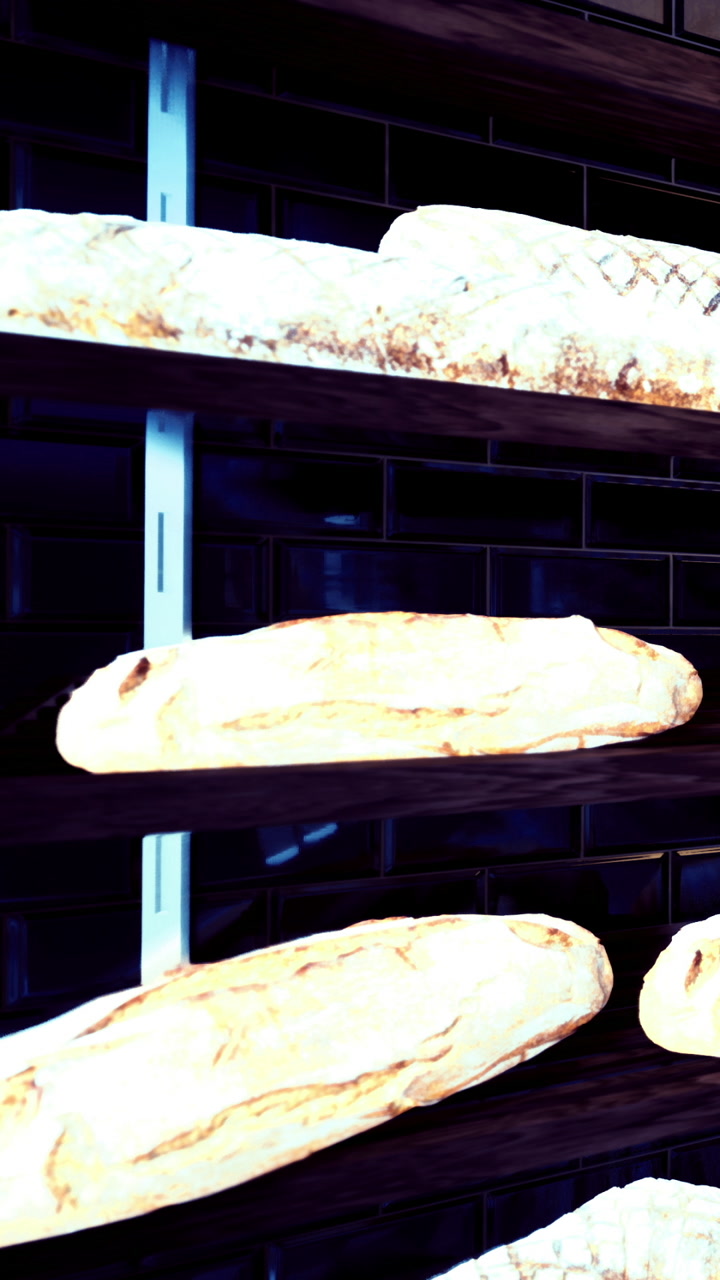Freshly baked bread displayed on shelves in a bakery during daytime