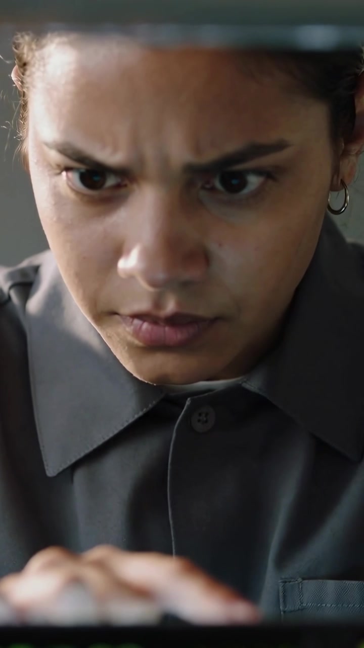 Vertical video: Reacting to green LED, Latina tech in gray shirt monitoring readout at console