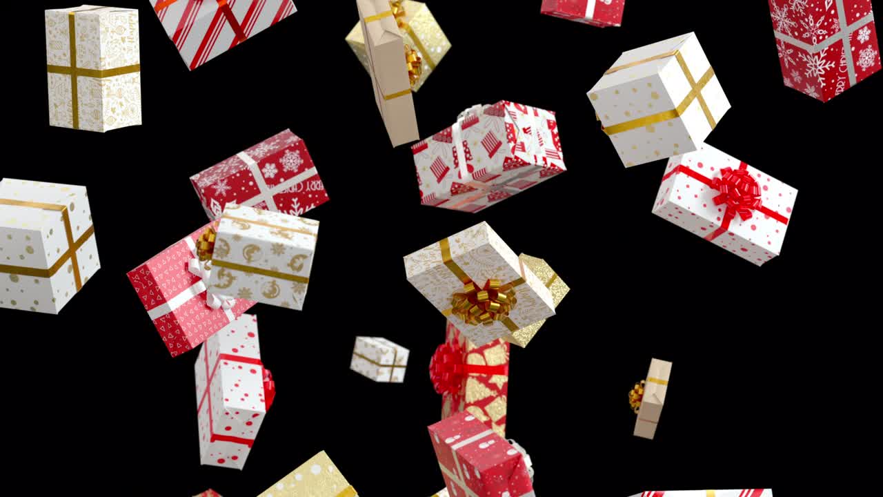 녹색 스크린에서 새해 선물들이 떨어집니다.