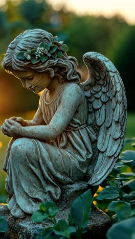 serene angel statue surrounded by lush greenery at sunset