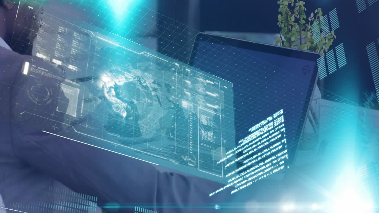 노트북 컴퓨터에서 일하는 사업가와 함께 지구와 정보를 보여주는 인터페이스의 애니메이션