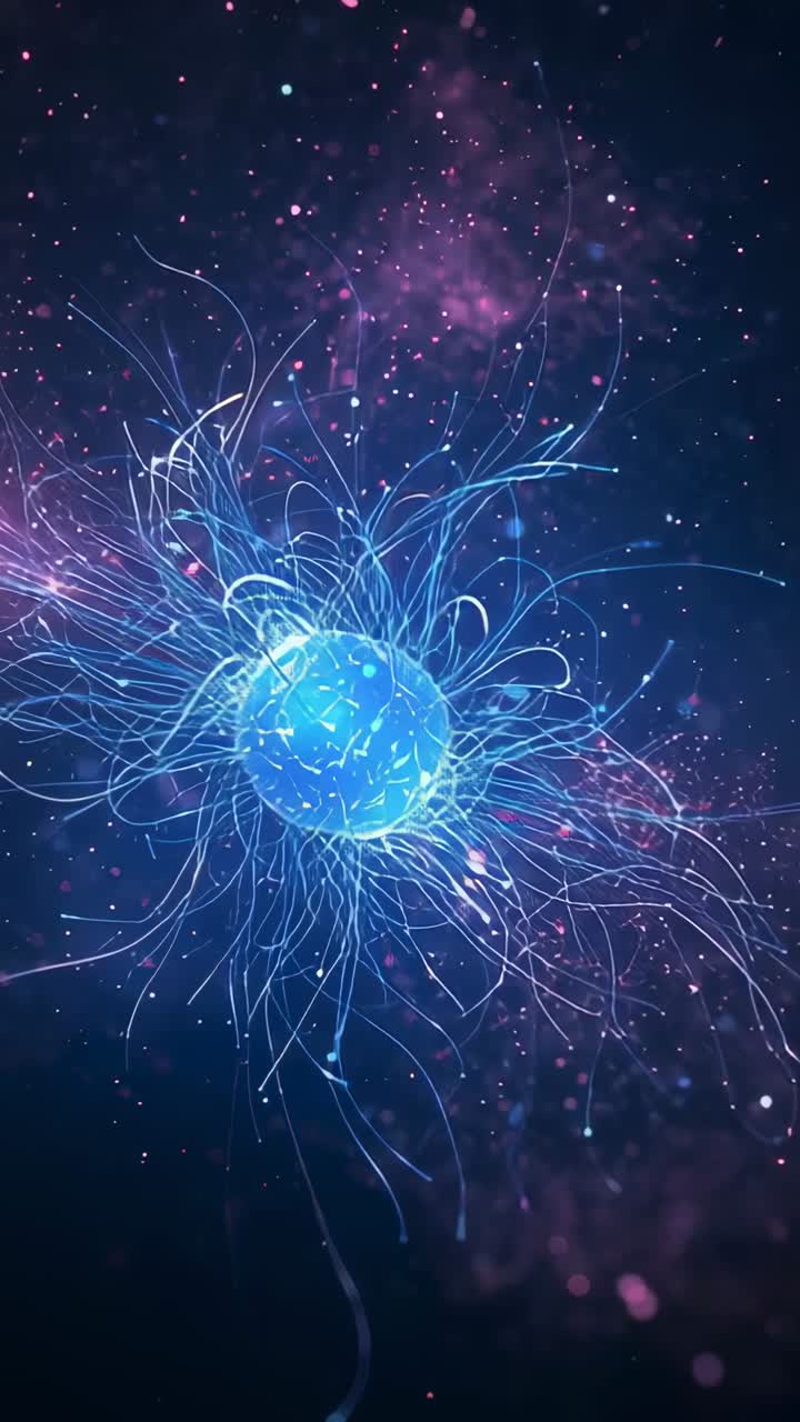 Video verticale: Sfera blu pulsante che invia sottili linee a spirale in un vuoto blu-viola, rilasciando stelle