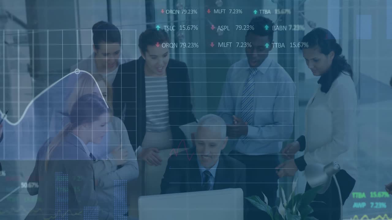 사무실에서 다양한 비즈니스 사람들에 대한 데이터 처리의 애니메이션