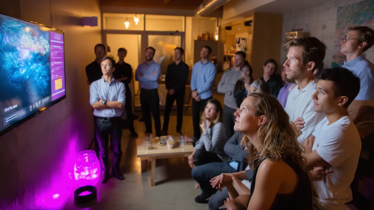 Group of People Enthralled by a Visual Presentation, Captured in Two Distinct Frames, Showcasing Their Engaged Reactions and Expressions While Observing a Screen with Stunning Graphics and Imagery