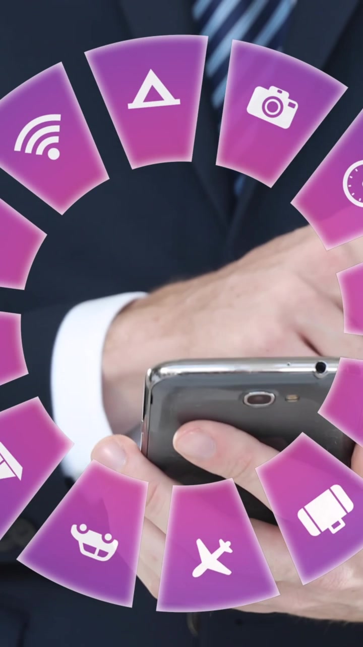 Animation of travel icons and caucasian man using smartphone