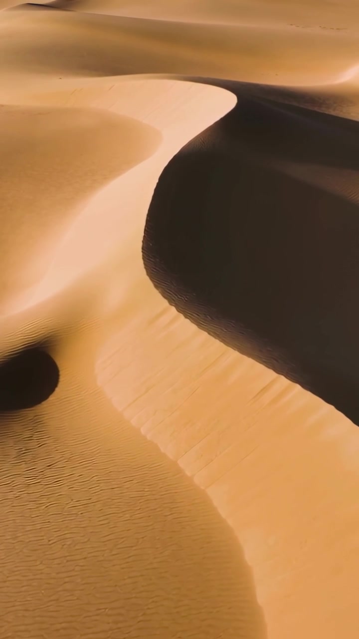 Video verticale: Telecamera che segue con un movimento ampio una duna a mezzaluna nel deserto, mostrando la cresta illuminata dal sole e le increspature.