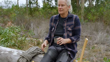 lumberjack relaxing on fallen tree 4k