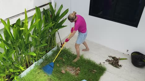 woman sweeping leaves in backyard