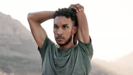 fitness, mountain and man doing a stretching