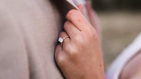 brides diamond ring on wedding day, closeup shot