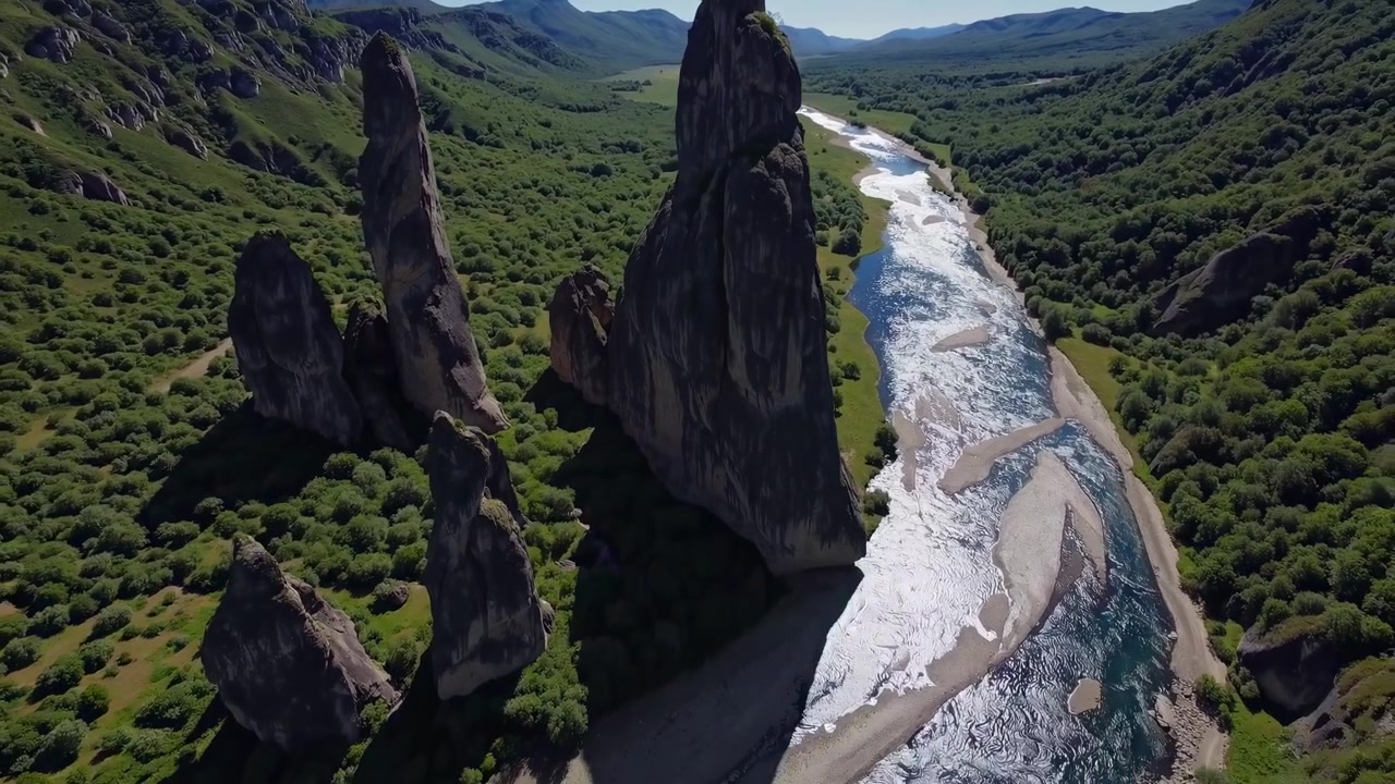 Vista aerea di maestose formazioni rocciose e un fiume serpeggiante in una valle lussureggiante