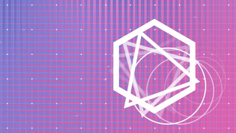 triángulos, círculos y hexágonos que giran sobre un fondo de cuadrícula rosa y púrpura