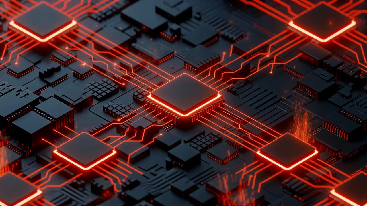 Futuristisk computerprocessorchip med glødende røde datakredsløb