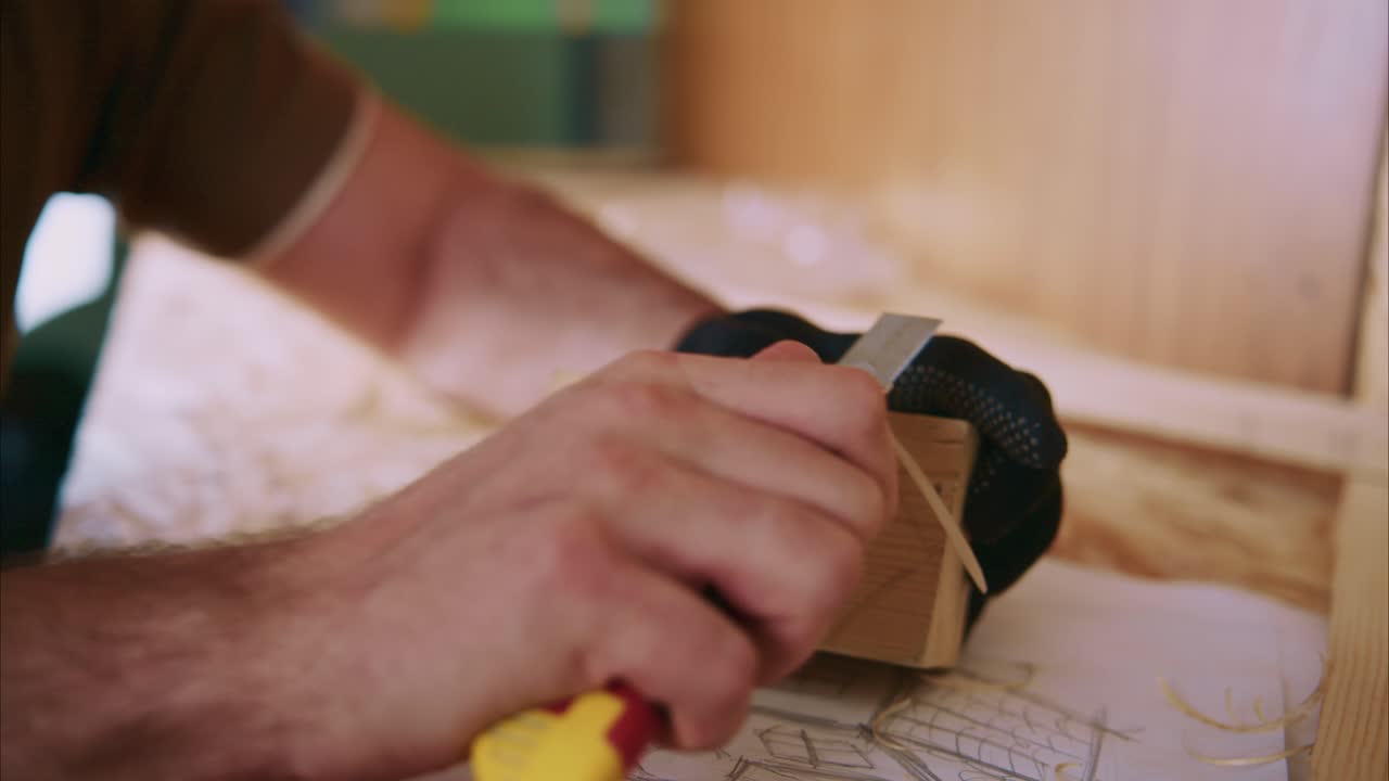 Primo piano delle mani che intagliano il legno con un coltello in un laboratorio